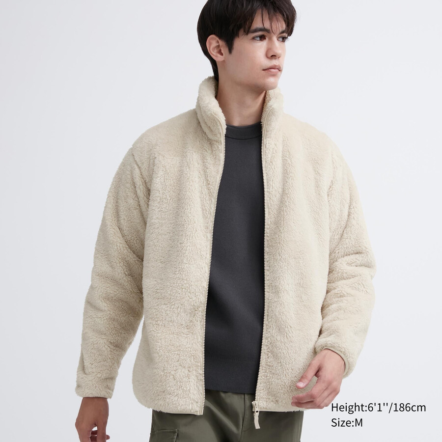 white mens uniqlo fluffy fleece zipped jackets