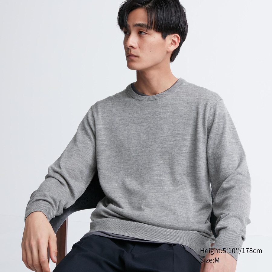 grey uniqlo extra fine merino crew neck mens jumpers