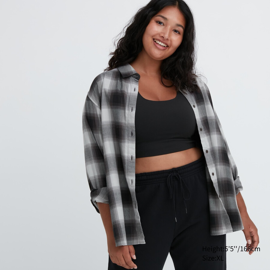 womens uniqlo soft brushed checked sleeved blouse grey