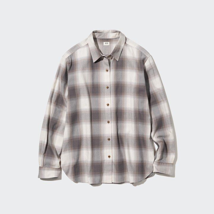 womens uniqlo soft brushed checked sleeved blouse grey