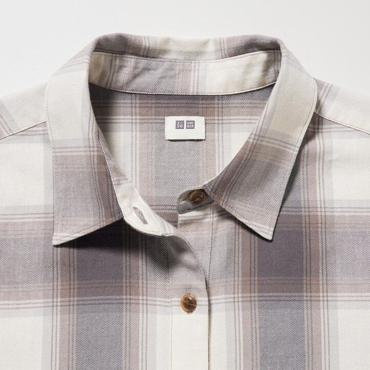 womens uniqlo soft brushed checked sleeved blouse grey